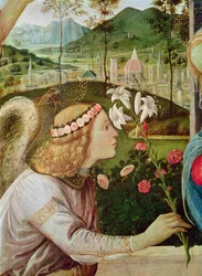 The Annunciation between Saint John the Baptist and Saint Andrew carrying his Cross (detail)